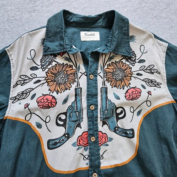 Boozelele Men's Western Shirt Size Large Pistolero Flowers Turquoise Button Up - Picture 4 of 5